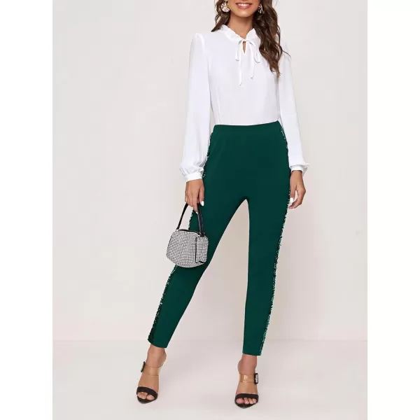 SweatyRocks Women's Elegant High Elastic Waist Sequins Pants Solid Skinny Cropped Pants