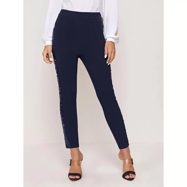 SweatyRocks Women's Elegant High Elastic Waist Sequins Pants Solid Skinny Cropped Pants