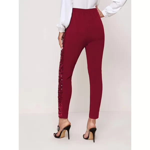 SweatyRocks Women's Elegant High Elastic Waist Sequins Pants Solid Skinny Cropped Pants
