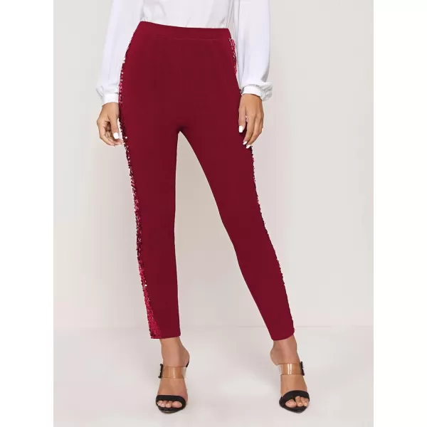 SweatyRocks Women's Elegant High Elastic Waist Sequins Pants Solid Skinny Cropped Pants