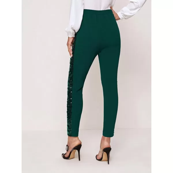 SweatyRocks Women's Elegant High Elastic Waist Sequins Pants Solid Skinny Cropped Pants