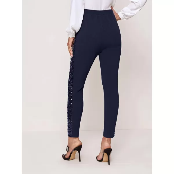 SweatyRocks Women's Elegant High Elastic Waist Sequins Pants Solid Skinny Cropped Pants