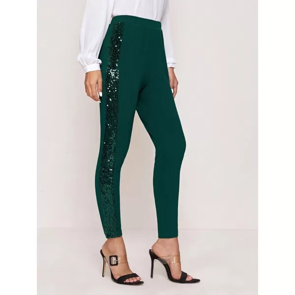 SweatyRocks Women's Elegant High Elastic Waist Sequins Pants Solid Skinny Cropped Pants