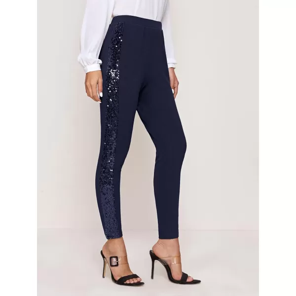 SweatyRocks Women's Elegant High Elastic Waist Sequins Pants Solid Skinny Cropped Pants