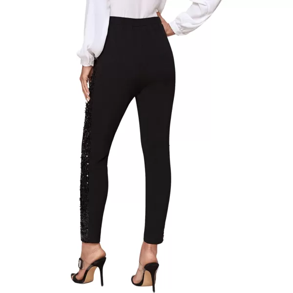 SweatyRocks Women's Elegant High Elastic Waist Sequins Pants Solid Skinny Cropped Pants