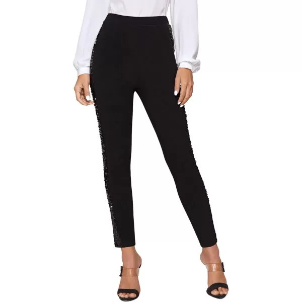 SweatyRocks Women's Elegant High Elastic Waist Sequins Pants Solid Skinny Cropped Pants