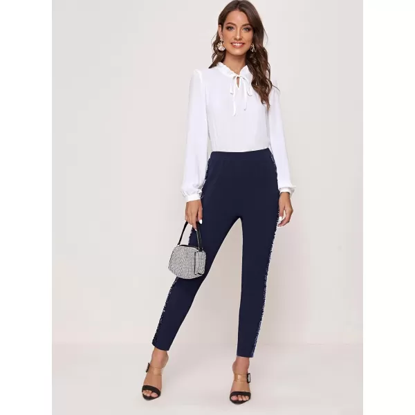 SweatyRocks Women's Elegant High Elastic Waist Sequins Pants Solid Skinny Cropped Pants