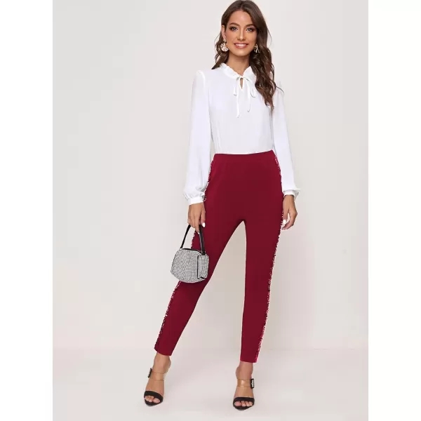 SweatyRocks Women's Elegant High Elastic Waist Sequins Pants Solid Skinny Cropped Pants