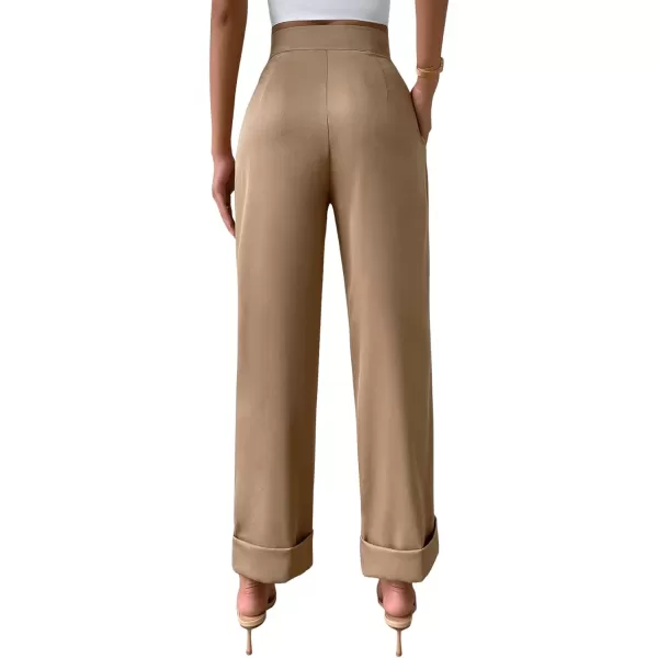 SweatyRocks Women's Elegant High Waist Roll Up Hem Pleated Wide Leg Pants with Pocket