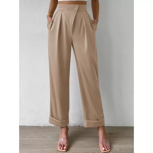 SweatyRocks Women's Elegant High Waist Roll Up Hem Pleated Wide Leg Pants with Pocket