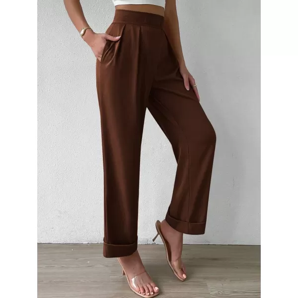 SweatyRocks Women's Elegant High Waist Roll Up Hem Pleated Wide Leg Pants with Pocket