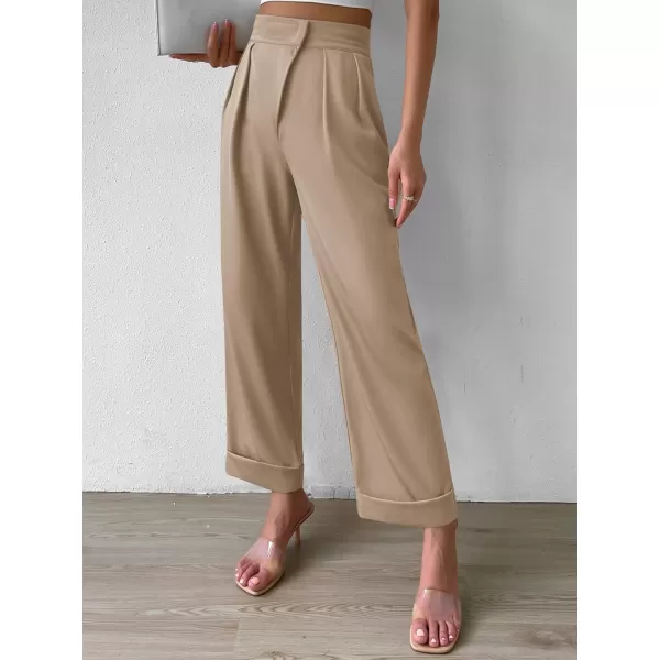SweatyRocks Women's Elegant High Waist Roll Up Hem Pleated Wide Leg Pants with Pocket