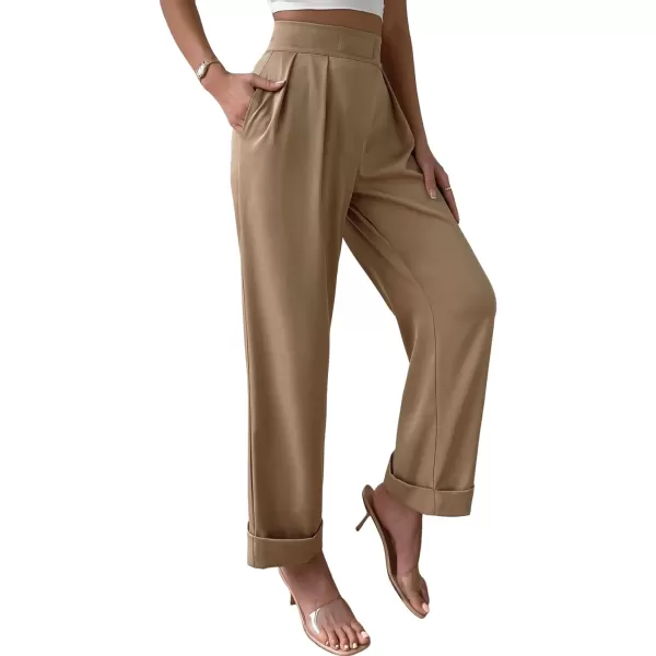 SweatyRocks Women's Elegant High Waist Roll Up Hem Pleated Wide Leg Pants with Pocket