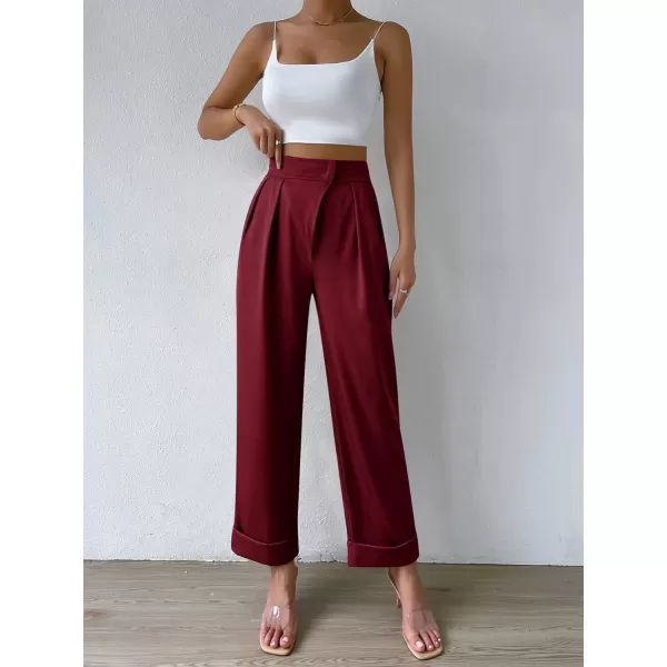 SweatyRocks Women's Elegant High Waist Roll Up Hem Pleated Wide Leg Pants with Pocket
