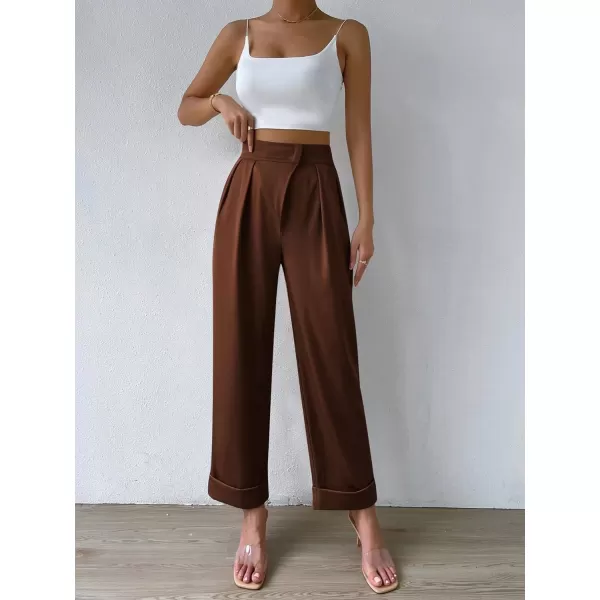 SweatyRocks Women's Elegant High Waist Roll Up Hem Pleated Wide Leg Pants with Pocket