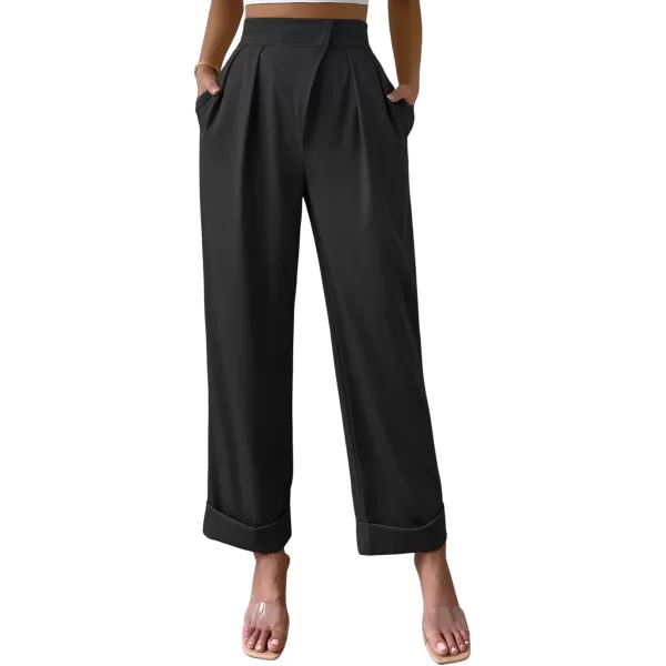 SweatyRocks Women's Elegant High Waist Roll Up Hem Pleated Wide Leg Pants with Pocket