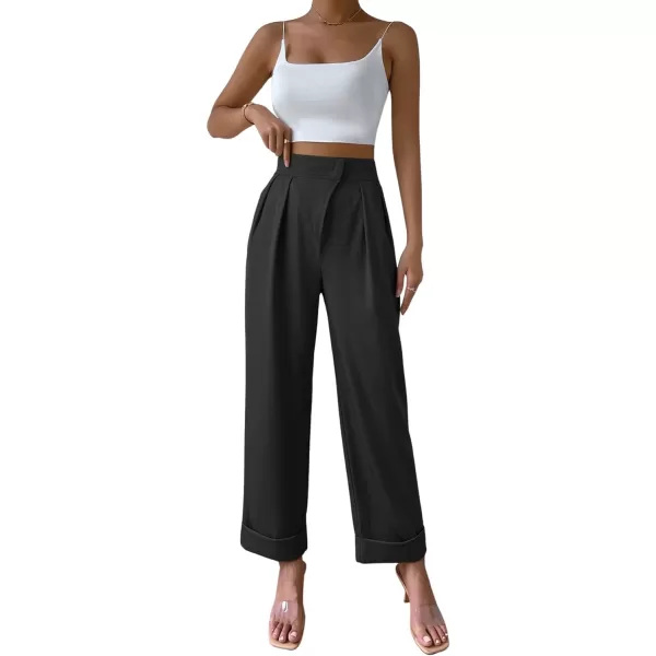 SweatyRocks Women's Elegant High Waist Roll Up Hem Pleated Wide Leg Pants with Pocket