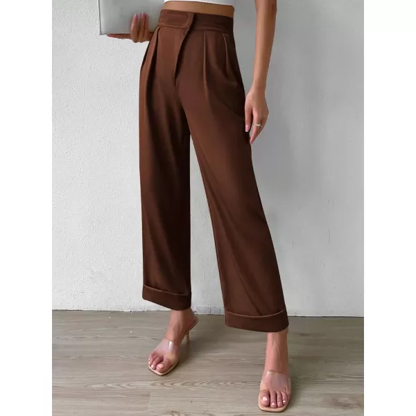SweatyRocks Women's Elegant High Waist Roll Up Hem Pleated Wide Leg Pants with Pocket