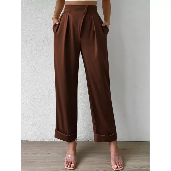 SweatyRocks Women's Elegant High Waist Roll Up Hem Pleated Wide Leg Pants with Pocket
