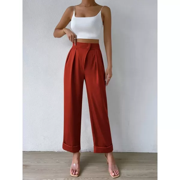 SweatyRocks Women's Elegant High Waist Roll Up Hem Pleated Wide Leg Pants with Pocket