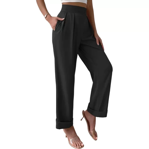 SweatyRocks Women's Elegant High Waist Roll Up Hem Pleated Wide Leg Pants with Pocket