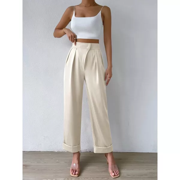 SweatyRocks Women's Elegant High Waist Roll Up Hem Pleated Wide Leg Pants with Pocket