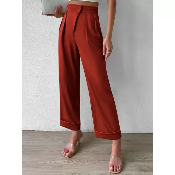 SweatyRocks Women's Elegant High Waist Roll Up Hem Pleated Wide Leg Pants with Pocket