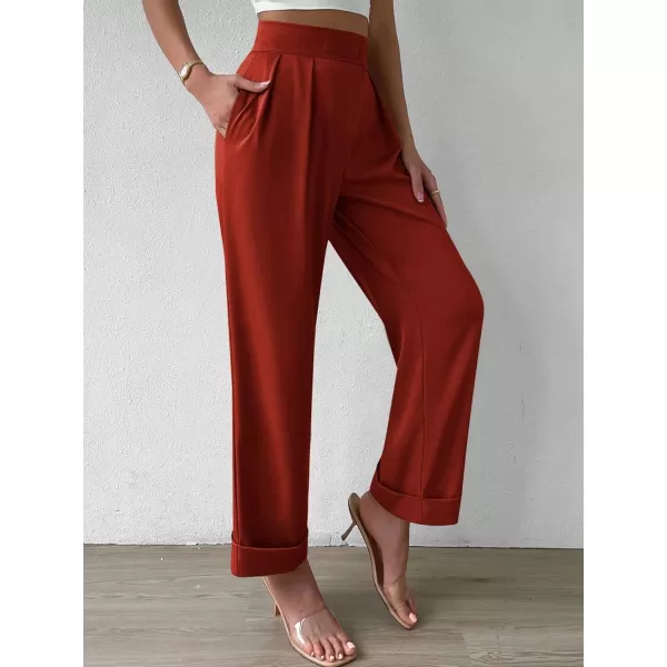 SweatyRocks Women's Elegant High Waist Roll Up Hem Pleated Wide Leg Pants with Pocket