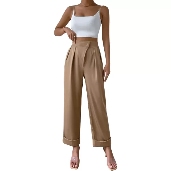 SweatyRocks Women's Elegant High Waist Roll Up Hem Pleated Wide Leg Pants with Pocket