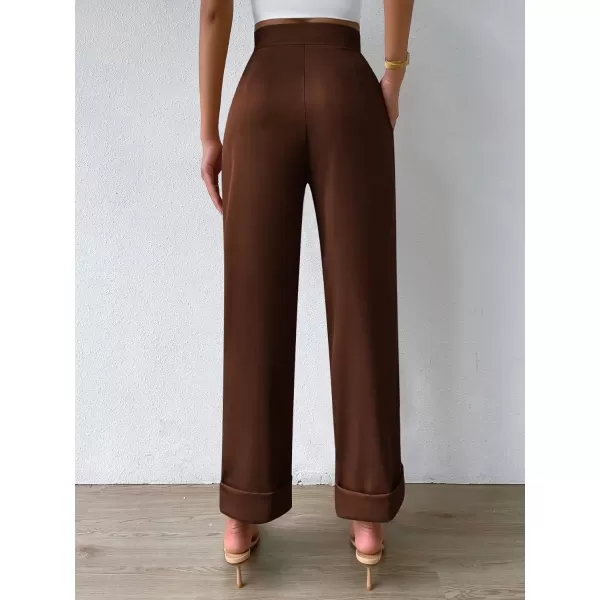 SweatyRocks Women's Elegant High Waist Roll Up Hem Pleated Wide Leg Pants with Pocket