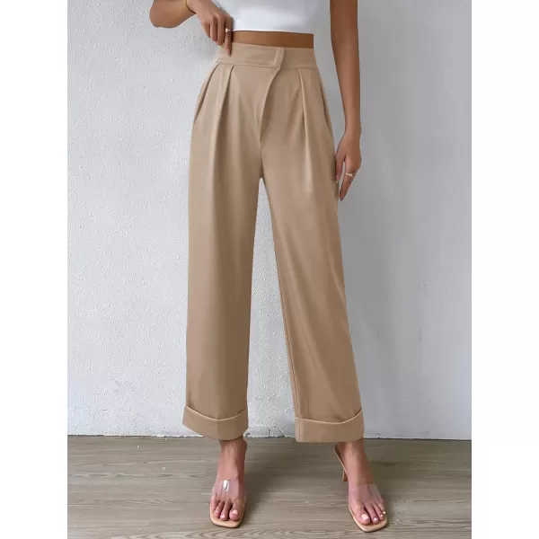 SweatyRocks Women's Elegant High Waist Roll Up Hem Pleated Wide Leg Pants with Pocket