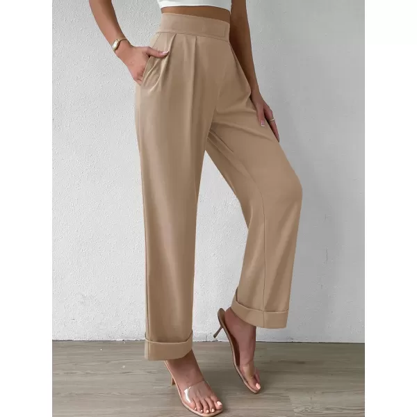 SweatyRocks Women's Elegant High Waist Roll Up Hem Pleated Wide Leg Pants with Pocket