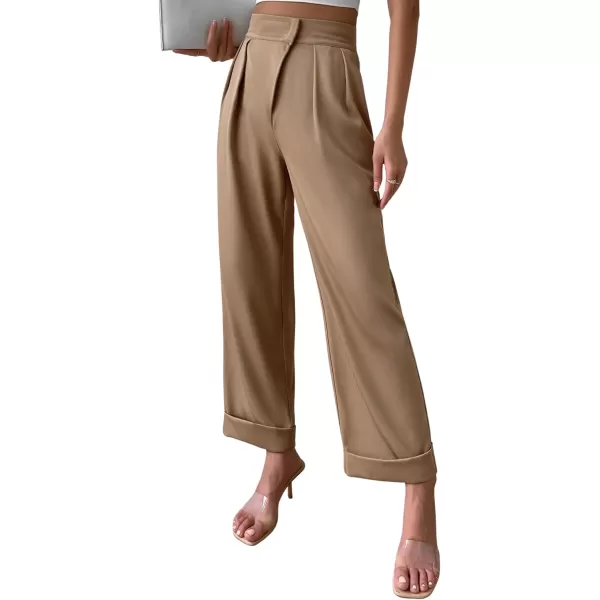 SweatyRocks Women's Elegant High Waist Roll Up Hem Pleated Wide Leg Pants with Pocket