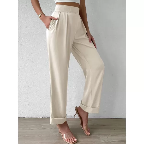 SweatyRocks Women's Elegant High Waist Roll Up Hem Pleated Wide Leg Pants with Pocket