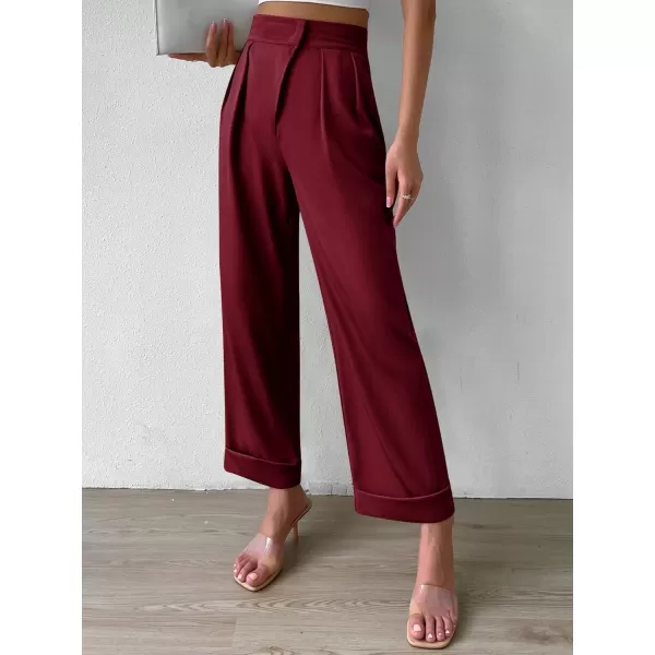 SweatyRocks Women's Elegant High Waist Roll Up Hem Pleated Wide Leg Pants with Pocket