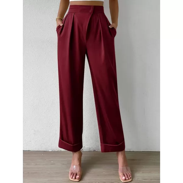 SweatyRocks Women's Elegant High Waist Roll Up Hem Pleated Wide Leg Pants with Pocket
