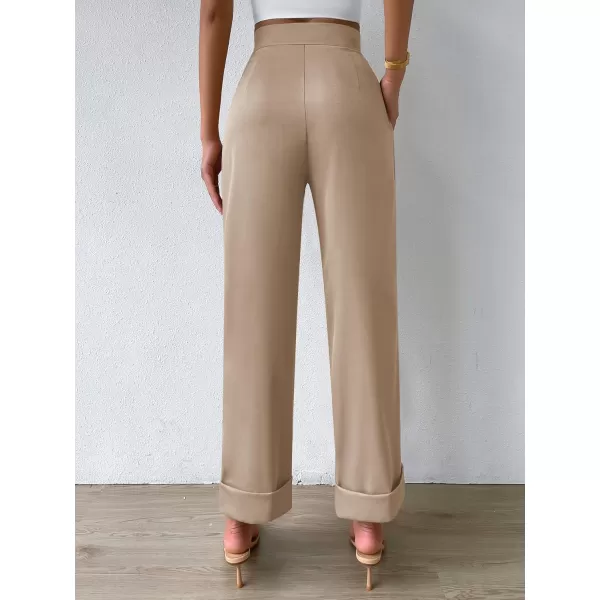 SweatyRocks Women's Elegant High Waist Roll Up Hem Pleated Wide Leg Pants with Pocket