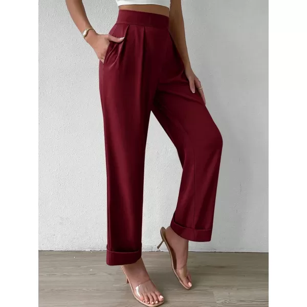 SweatyRocks Women's Elegant High Waist Roll Up Hem Pleated Wide Leg Pants with Pocket