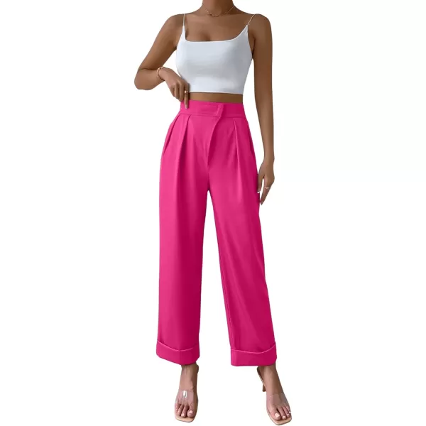 SweatyRocks Women's Elegant High Waist Roll Up Hem Pleated Wide Leg Pants with Pocket