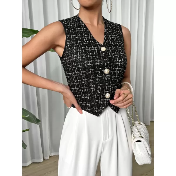 SweatyRocks Women's Elegant Plaid Print Sleeveless V Neck Button Down Blazer Vest Jacket