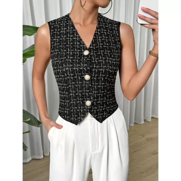 SweatyRocks Women's Elegant Plaid Print Sleeveless V Neck Button Down Blazer Vest Jacket