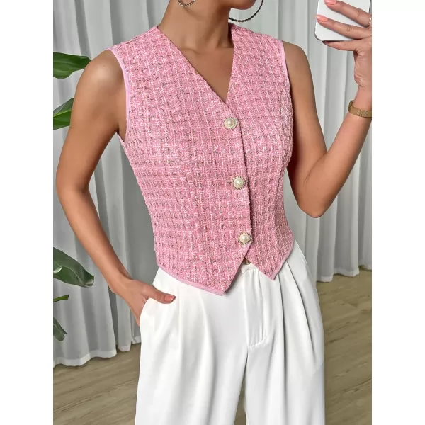 SweatyRocks Women's Elegant Plaid Print Sleeveless V Neck Button Down Blazer Vest Jacket