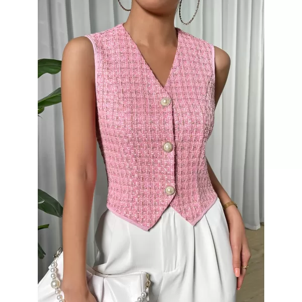 SweatyRocks Women's Elegant Plaid Print Sleeveless V Neck Button Down Blazer Vest Jacket