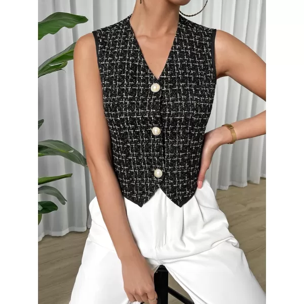 SweatyRocks Women's Elegant Plaid Print Sleeveless V Neck Button Down Blazer Vest Jacket