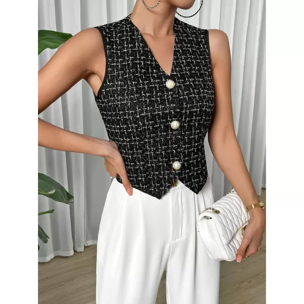 SweatyRocks Women's Elegant Plaid Print Sleeveless V Neck Button Down Blazer Vest Jacket