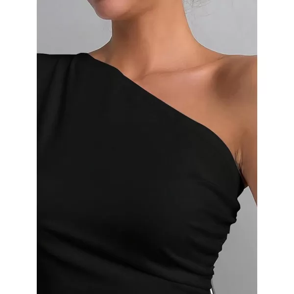 SweatyRocks Women's Elegant Shirts One Shoulder Short Sleeve Asymmetrical Hem Ruched Blouse top