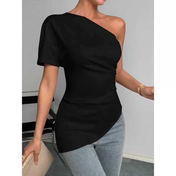 SweatyRocks Women's Elegant Shirts One Shoulder Short Sleeve Asymmetrical Hem Ruched Blouse top