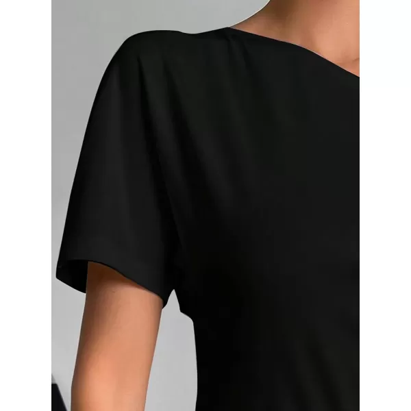 SweatyRocks Women's Elegant Shirts One Shoulder Short Sleeve Asymmetrical Hem Ruched Blouse top