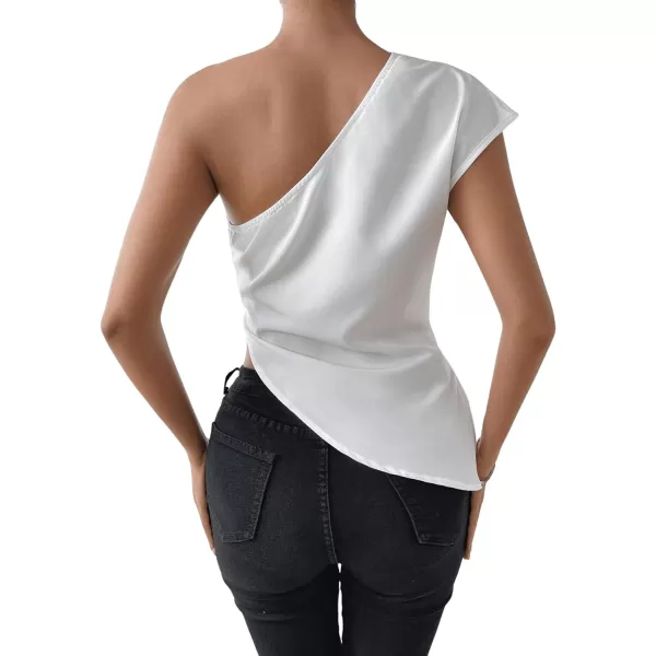 SweatyRocks Women's Elegant Shirts One Shoulder Short Sleeve Asymmetrical Hem Ruched Blouse top