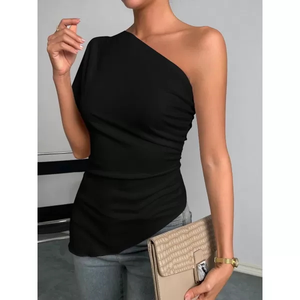 SweatyRocks Women's Elegant Shirts One Shoulder Short Sleeve Asymmetrical Hem Ruched Blouse top